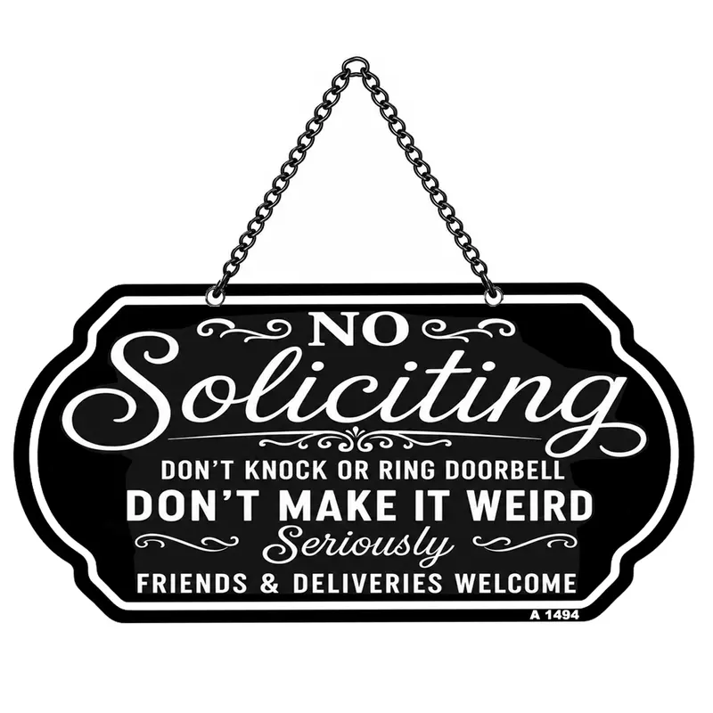 No Soliciting Sign for House 10×5 Inch Heavy Duty Aluminum Door Sign with Chain Don't Knock or Ring Doorbell Friends & Deliveries Welcome Weatherproof Hanging Sign for Front Door Porch Home Office