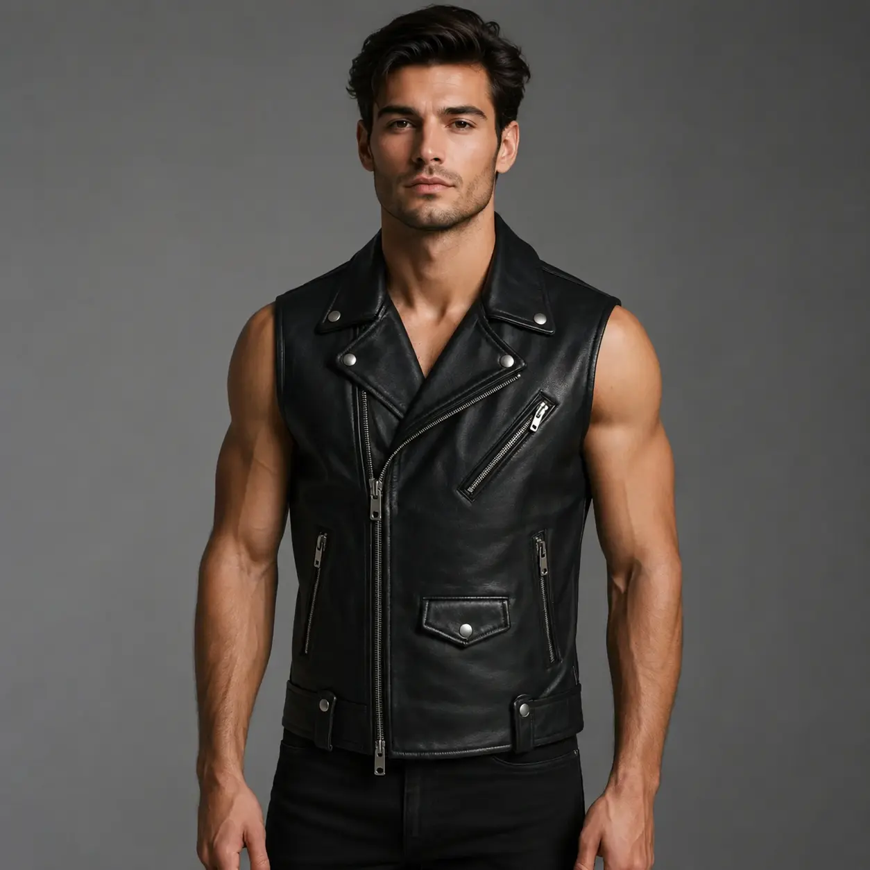 Men's Black Genuine Leather Biker Vest - Asymmetric Punk Rock Motorcycle Waistcoat