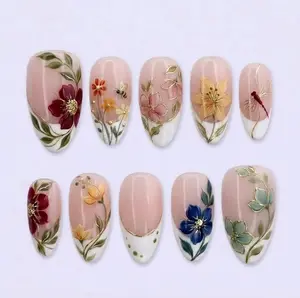 Hand-painted Floral Bee Dragonfly Nails, Botanical French Tip Art, Golden Garden Press-Ons