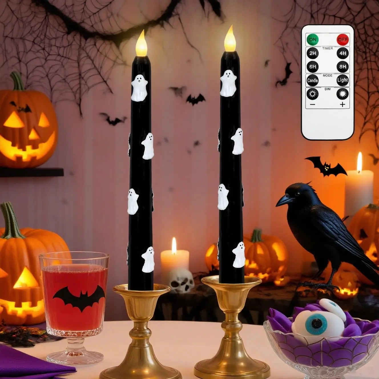 Impress Life Halloween Flameless Taper Candles with Remote | Battery Operated Black Wax LED Flickering Candlesticks with Carved White Ghosts for Halloween Spooky Horror Decor, Set of 2