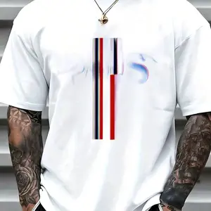 Urban Streetwear Graphic Tee - Premium 100% Cotton Short Sleeve T-Shirt with Bold Navy Red and White Vertical Stripes Design, Relaxed Fit Super Soft Breathable Summer Top for Men - Perfect Gift for Hip Hop Dance Gym Casual Outfit