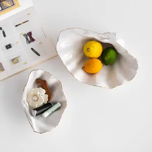European Style Gold Rim Shell Ceramic Tray – Luxury Decorative Fruit & Candy Bowl, Elegant Home & Office Table Decor