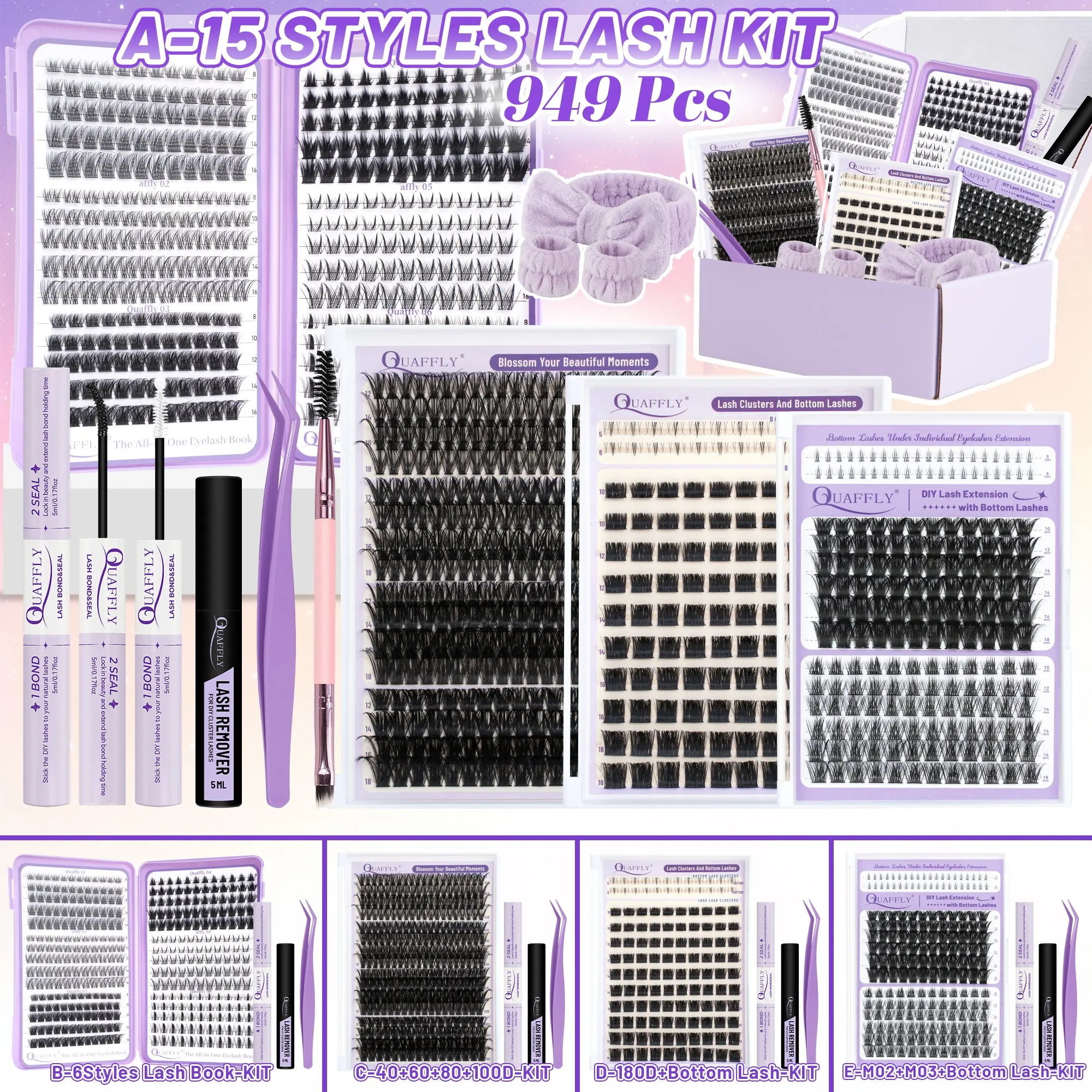 Lash Clusters Kit, Diy Eyelash Extensions, 949pcs Natural Lashes With Bottom+Manga Lashes with Bond&Seal Remover Brush Tweezer for Beginner