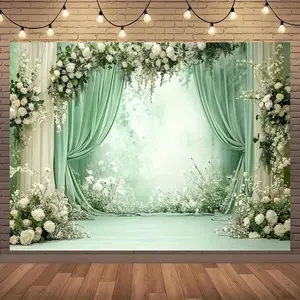 2D Flat Fresh Mint Green Flower Wedding Door Banner - 1PC Reusable Polyester Home & Party Decoration, Wall Hanging Backdrop for Wedding, Proposal & Engagement
