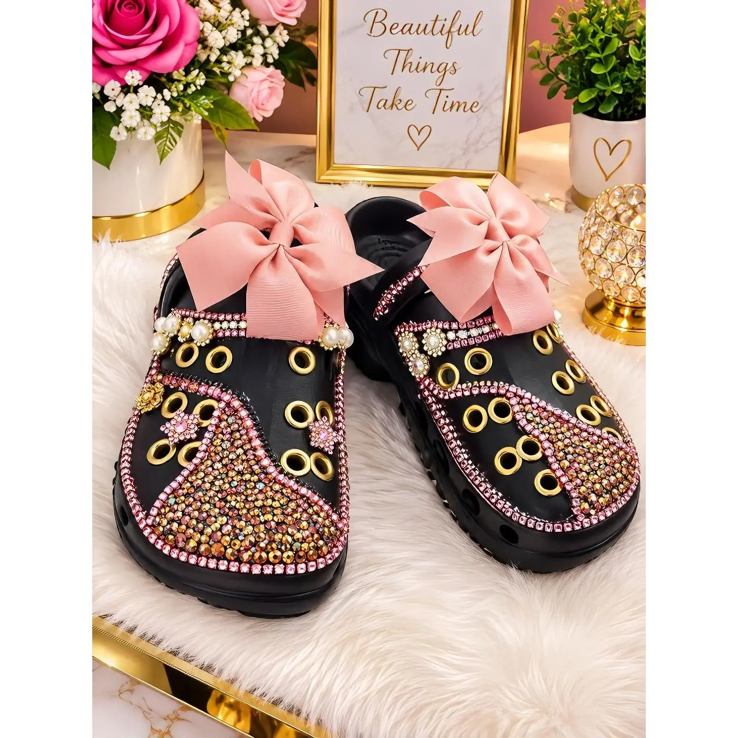 Black Rhinestone Embellished Clogs with Pink Bow and Gold Accents for Women's Fashionable Comfortable Shoes