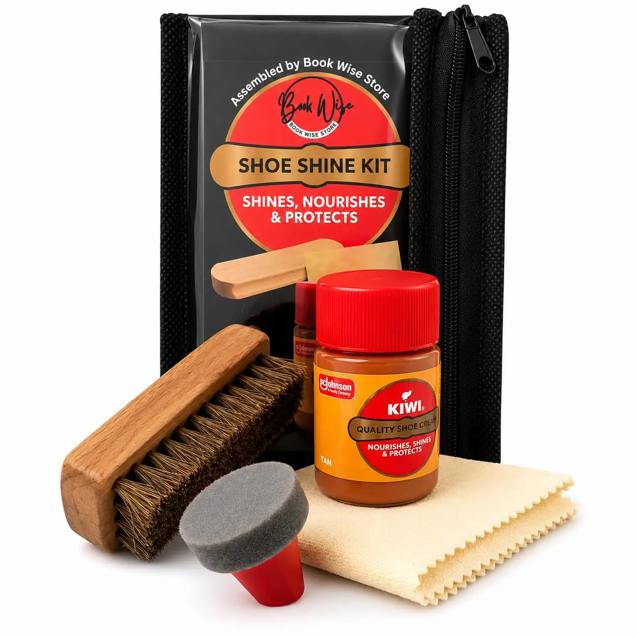 Shoe Shine Kit with KIWI Tan Shoe Cream 110ml, 6 Inch Brush, Sponge Dauber and Shine Cloth, Assembled by Book Wise for Leather Shoes and Boots