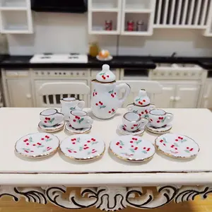 Miniature Chinese Ceramic Tea Set 1:12 Miniature Red Cherry Pattern Kitchen Porcelain Set Home Ornaments Miniature Decoration