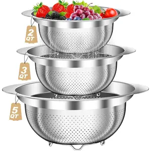 Colander, Stainless Steel Colander for Kitchen, 3 count Kitchen Gadget  Strainer Basket with Handle, Kitchen Strainer Colanders Bowl for Pasta Noodles Spaghetti Vegetables Fruit (2QT, 3QT, 5QT)
