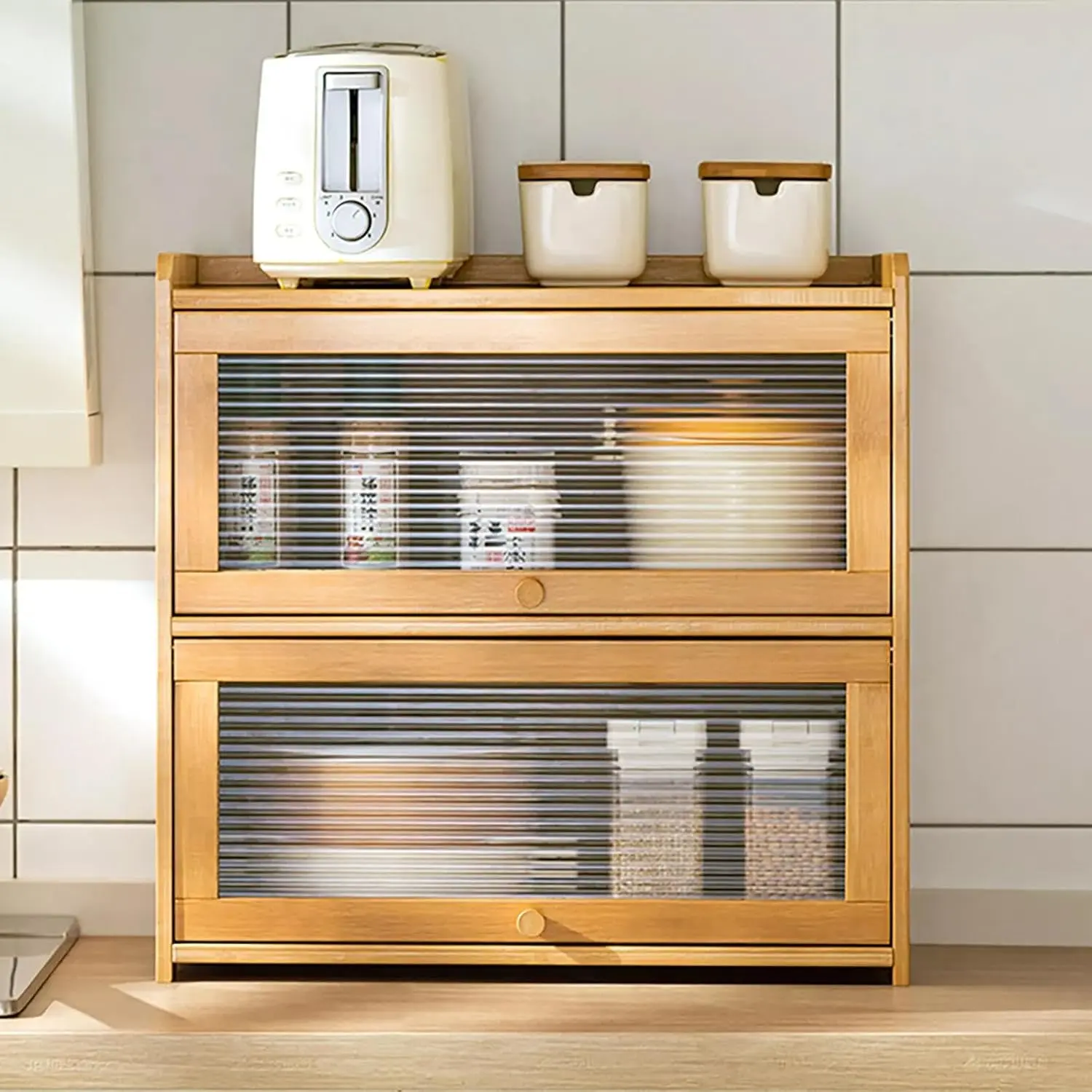 2 Tier Countertop Storage Cabinet, Multifunctional Bamboo Kitchen Pantry Storage Cabinet with Flip-Top Acrylic Door, Countertop Cabinet for Kitchens, 20.5 * 9.8 * 19.7in