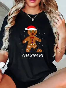 Women's Funny Christmas T-Shirt featuring an "Oh Snap" Gingerbread Man Digital Print, Soft Breathable 100% Cotton Fabric for Everyday Wear