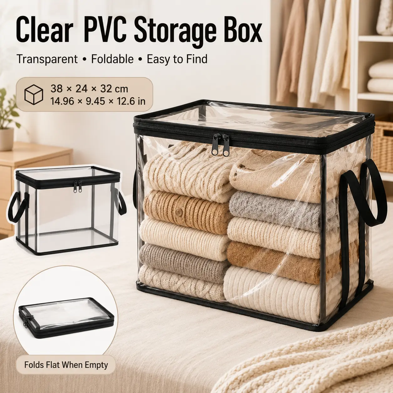 Large Clear PVC Zippered Storage Bag - Foldable, Dustproof Clothes Organizer with Handles for Closet, Wardrobe & Home Organization