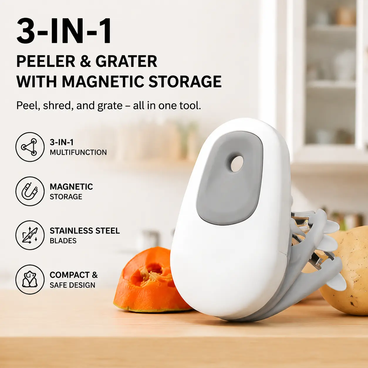 3 in 1 Foldable Magnetic Vegetable Peeler with 3 Interchangeable Blades, Portable Safe Storage Fruit Slicer Shredder Cutter for Potato Apple Carrot Kitchen Gadget