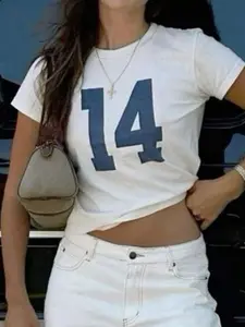 Women's Number Print Round Neck Tee, Casual Short Sleeve Crew Neck T-shirt for Daily Wear, Ladies Clothes for All Seasons