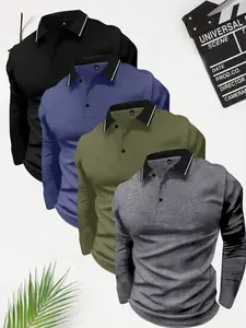 Men's 4-piece set long-sleeve polo shirt with button details, suitable for all seasons, high-end venues, turn-down collar base layer, casual business sports wear, perfect gift for boyfriend,  Beige Black + Blue + Green + Dark Gray Menswear Top Plain