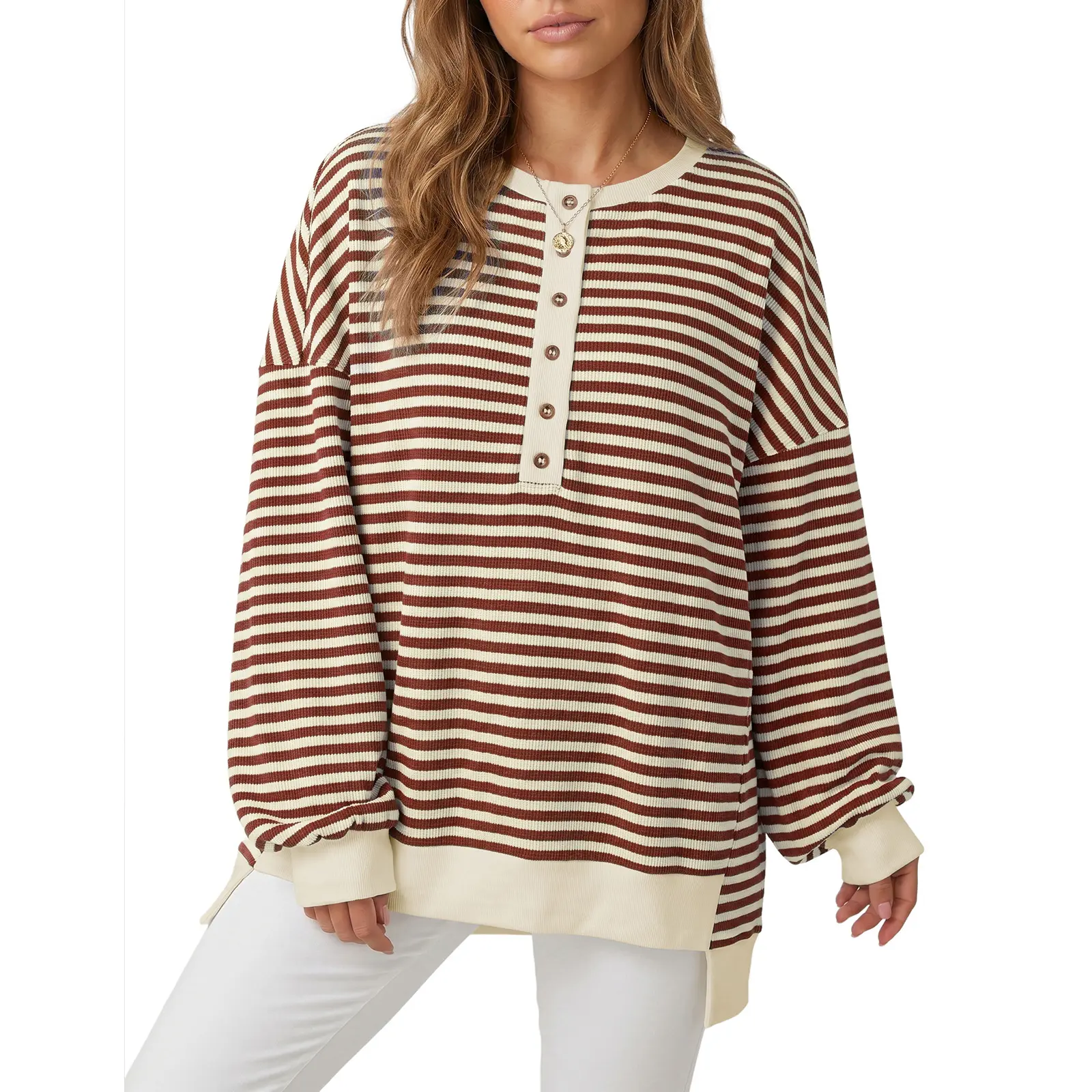 Dokotoo Women's Enviably Cozy Striped Oversized Waffle Knit Colorblock Long Sleeve Crewneck Top Pullover Sweatshirt