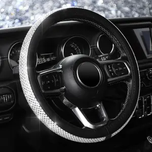 KAFEEK Red White Diamond Black Leather Steering Wheel Cover with Bling Crystal Rhinestones Universal Fit 15 Inch - Red, White