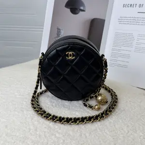 Pre-owned CHANEL Round Mini Flap Bag with Gold Ball Detail in Black Lambskin with Gold Hardware, 2019–2020 16