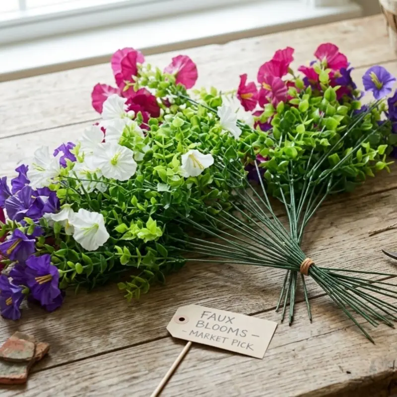 24 branch UV-Resistant Faux Morning Glory & Petunias – for Hanging Baskets & Front Door, Faux Artificial Flowers, No-Fade & All-Season, Easter Gift Ready for Home Stylists