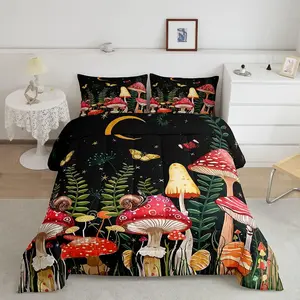 Mushroom Comforter,Twin Full Queen Size Natural Wild Fungus All Season Comforter,Botanical Plants Cozy Soft Duvet Set with Pillowcase Room Decor