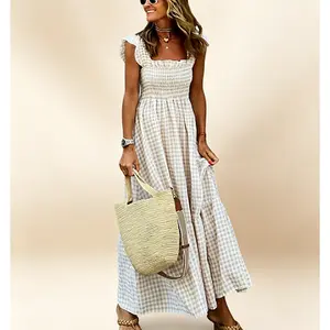 Women's Retro Plaid Smocked Dress Spaghetti Strap Flounce Long Casual Sleeveless Flowy Evening Fashion Basic with Pockets Womenswear Cute Elegant Plus Size Hide Belly Dress