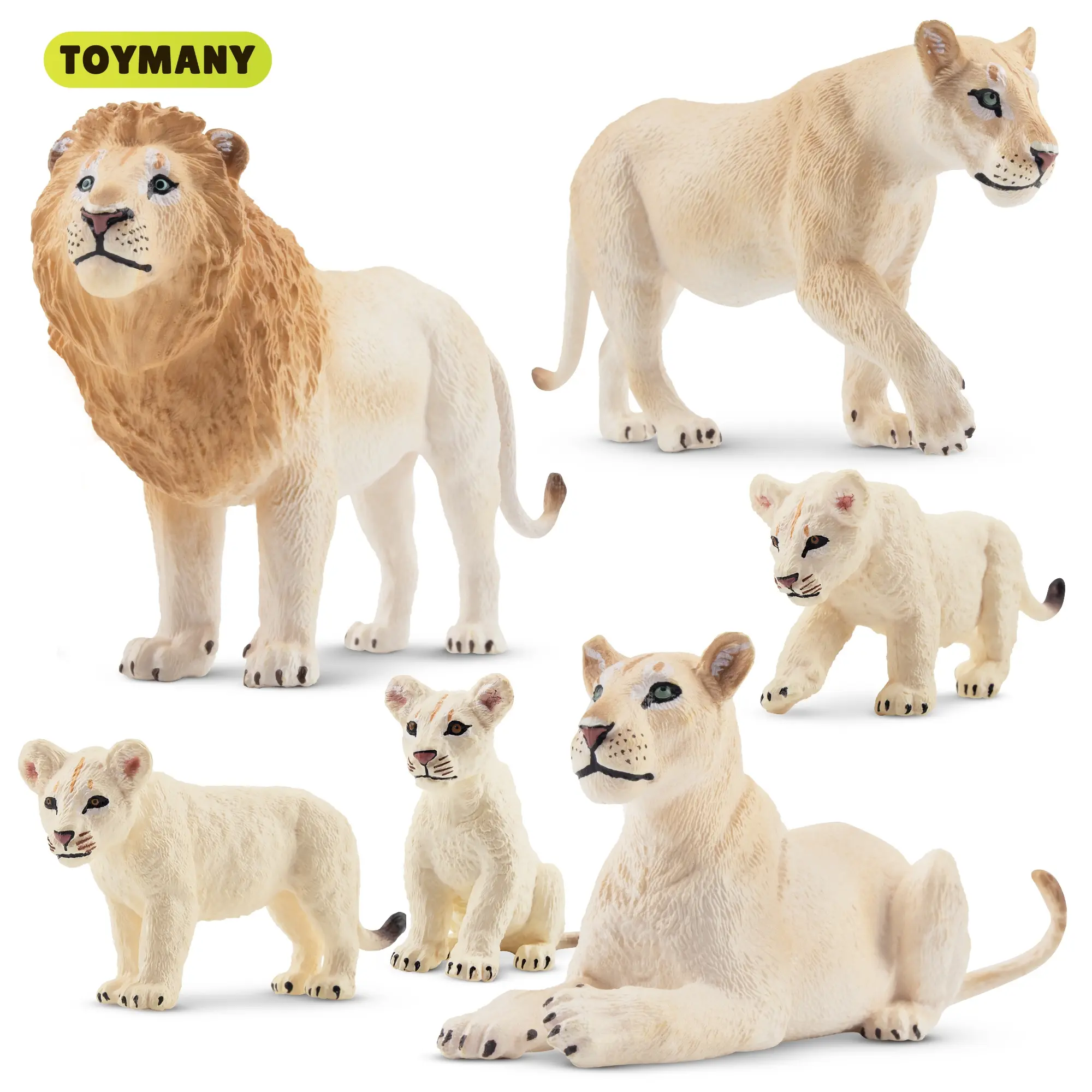 TOYMANY 6PCS Realistic White Lion Figurine Set - 2-5" Miniature Realistic Decorative Ornamental Collectible Character Animal Figures with Cubs, Educational Toy, Cake Toppers, Kids' Christmas/Birthday Present, Miniature Realistic Animals, Decorative Orname