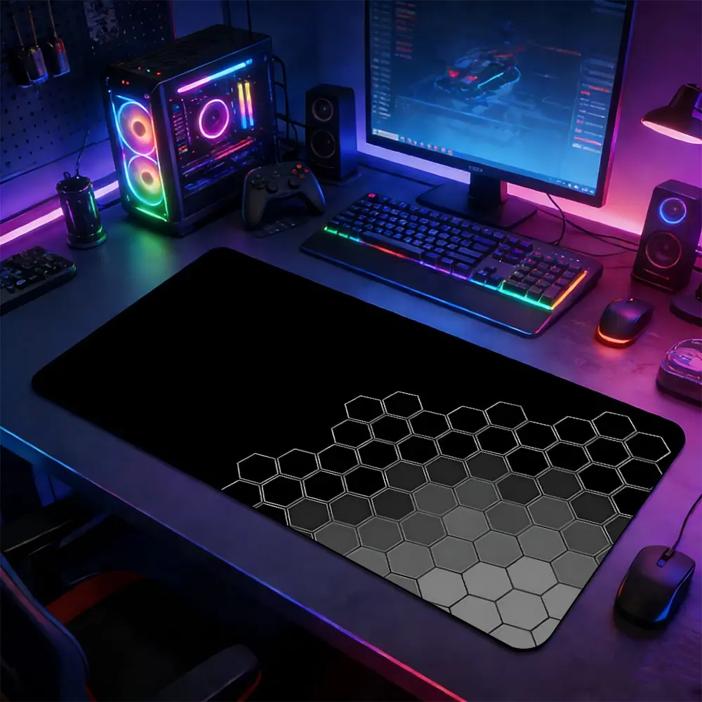 Gradient Gray White Hexagon Large Gaming Mouse Pad, Ergonomic Pad, Non-Slip Rubber Base Stitched Lock Edge Desk Mat, Minimalist Cyberpunk Design Desk Pad, Durable Computer Accessory for Home Office & Gaming Setup, Office Desk Accessories