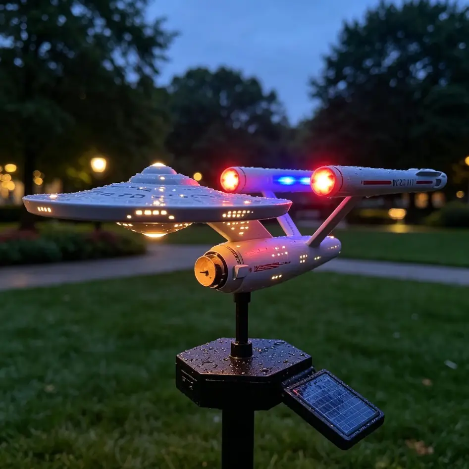 Solar Spaceship Garden Stake - Sci-Fi Starship Art Decor with LED Lights, Solar-Powered Waterproof Outdoor Landscape Lighting for Lawn, Patio, Star Trek Themed Fan Decor