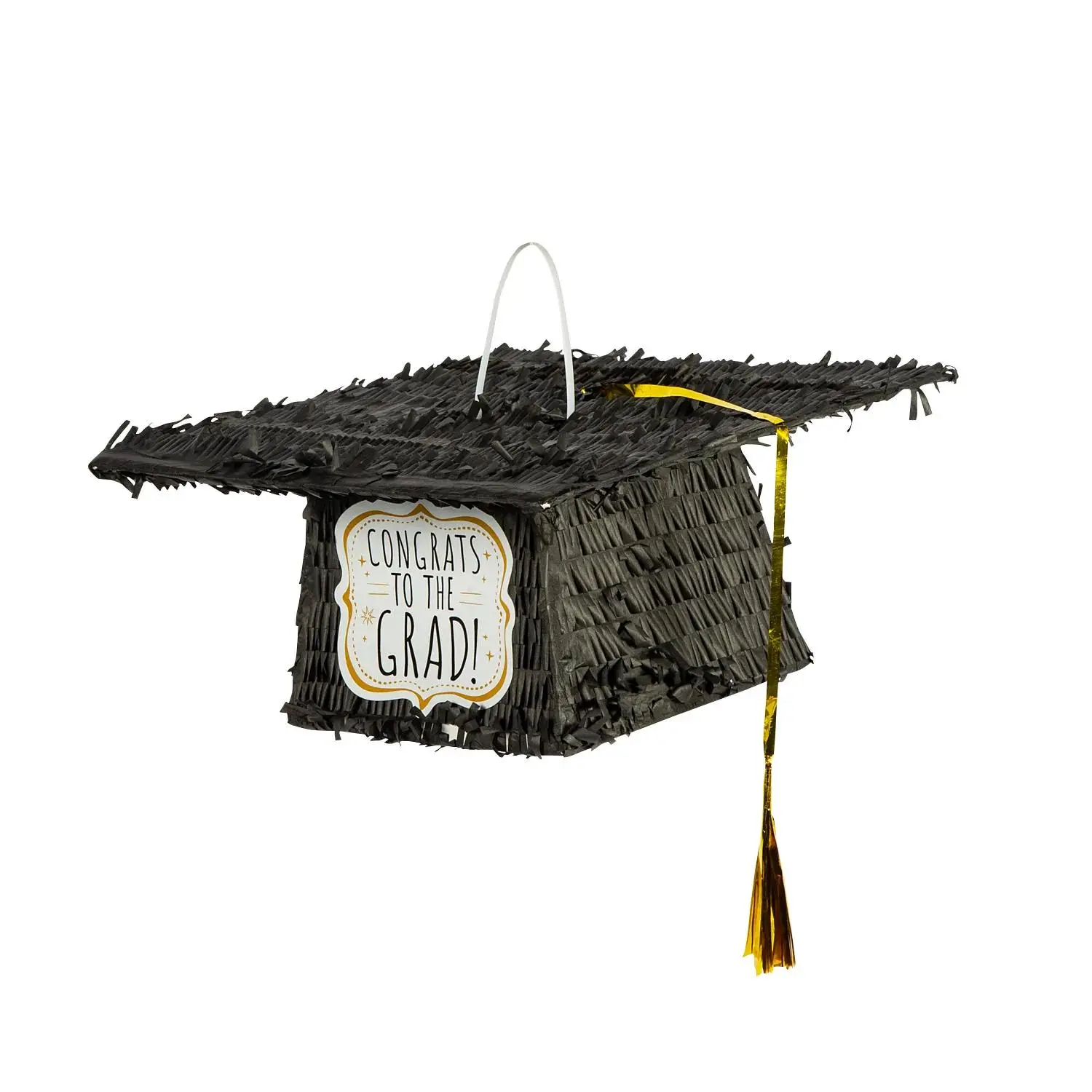 Academic Graduation Cap Piñata, 12.5" x 5.5" Black Papier-Mâché Festive Party Decor, Drawstring Hanging Decor for Grad Celebrations