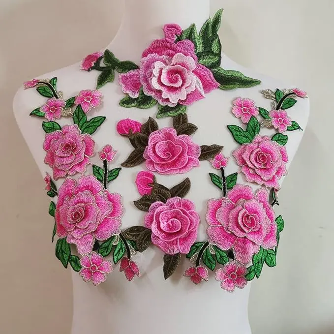 4 Pcs Embroidery Rose Flower Sew On Patch Dress Hat Bag Jeans Applique Crafts Clothing Accessories DIY (Pink)