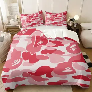 APE Pink Camouflage Camo Print Themed Duvet Cover Set,  Including 1 Duvet Cover & 1-2 Pillowcases, Soft Microfiber, Soft Comfortable Bedding Gift for Streetwear Fans, Street Fashion Trend Bedroom Decor