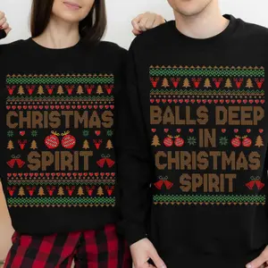 Couple Matching Christmas Sweatshirt, Funny Ugly Christmas Sweater, Ball Deep In Christmas Sprit Couples Printed Jumpers, Newlywed Gifts