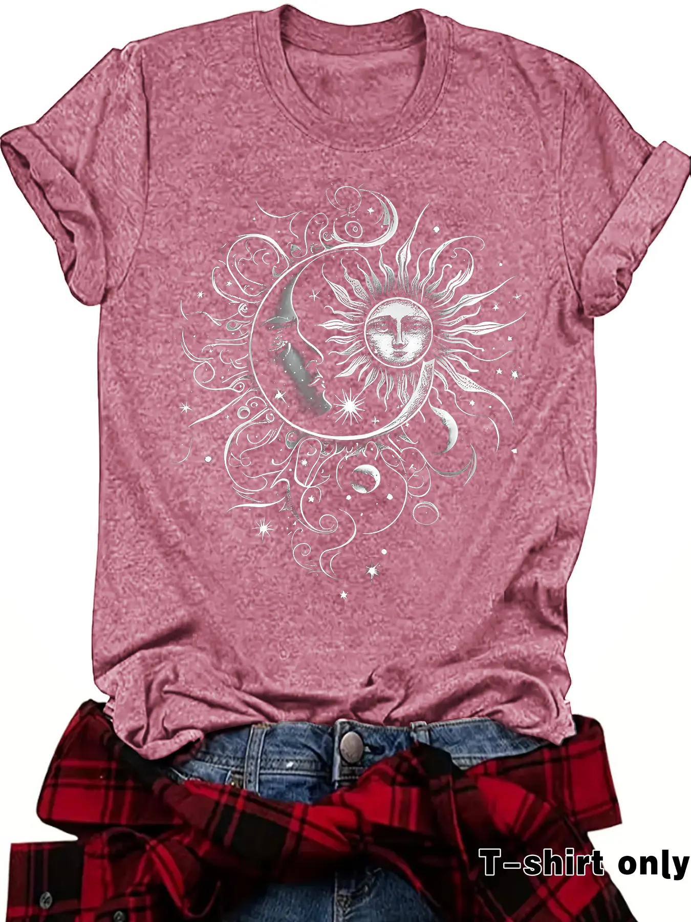 Artistic Sun and Moon Print Retro Style Streetwear Women's Summer Casual Chic Top Fitted Short Sleeve T-Shirt, Comfortable Breathable Fabric Fit S-Xxl, Tops