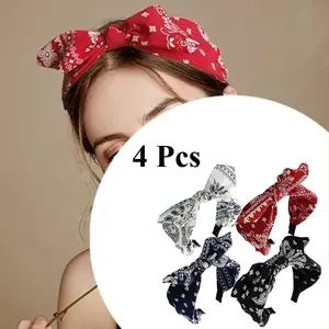 4 Pcs Women's Bohemian Style Wide Headbands,Multicolor Paisley Print, Soft Polyester Fabric,Cotton Blend Fabric,Perfect for Casual Attire,Valentine’s Day or Birthday Gifts - Bandana Rabbit ear Elastic Hairband,Gift for Women,Cute Knot Headbands