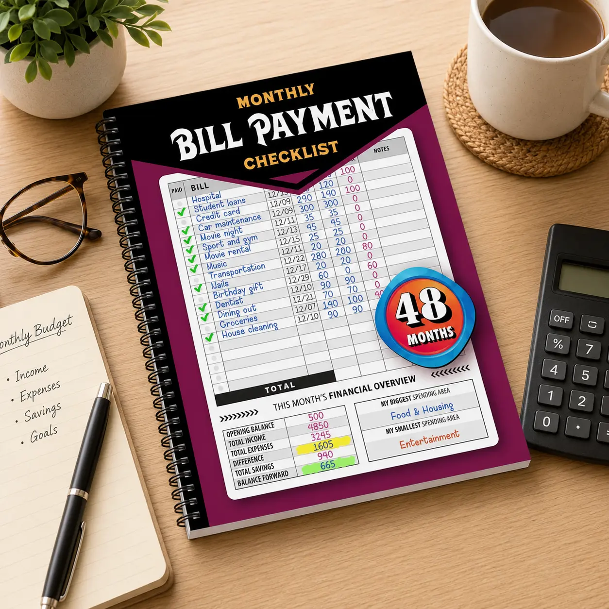 Multifunctional Personal Finance Workbook - 48-Month  960-Record Bound Plan Notebook, Bill Tracker Planner for Personal Fund Planning & Household Budget Control, Sturdy Journal for Debt Payoff & Bank Account Logging