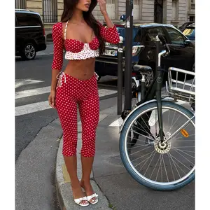Womens Spring Summer Pants Set Dot Print Ruffled Trim Cami Tops, 3/4 Sleeve Shrug Tops and Capri Pants 3 Pcs Set