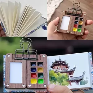 Mini Watercolor Kit, Mini Watercolor Set with Picture Book, Pocket Artist Water Color Travel Set with Colours, Wooden Paint Box for Painters Artists Students (8 Grids) Brush Pens Art Sketchbooks Art Supplies