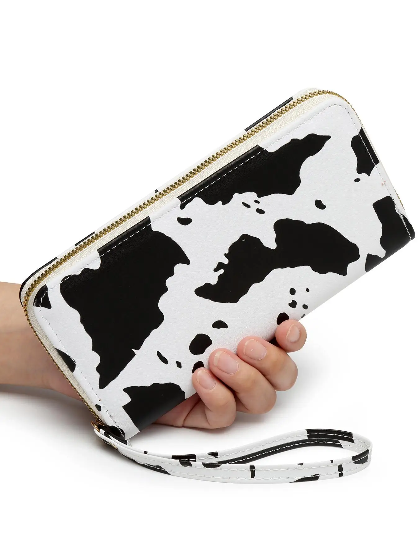 Women's Random Cow Pattern Long Wallet, Fashionable Zipper Design Wallet for Daily Used, Casual Pu Leather Wallet with Wrist Strap for Women & Girls