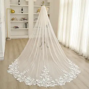 Custom veil for Mayali：chapel length  bluish white comb add a blusher iwith the edges fully trimmed in lace