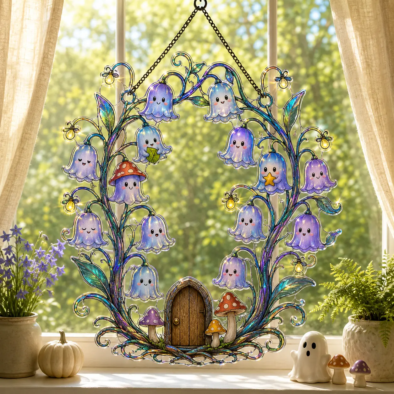 Halloween Bluebell Ghost Fairy Door Suncatcher, Mushroom Floral Window Hanging, Cute Holographic Acrylic Fall Decor