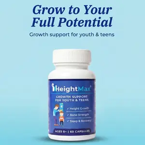 HeightMax Height Growth Supplement for Natural Growth & Development - 60 Capsules with Calcium, D3, Zinc, L-Arginine for Bone Strength
