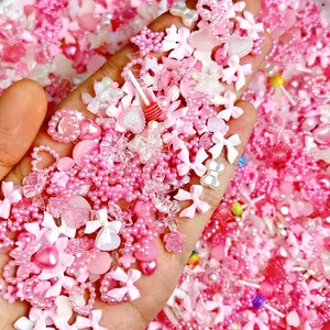 100PCS Sweet Minimalist Bow Resin Nail Charms Simulated Heart Candy Half Round Pearls Pink Decorations DIY Nail Art Supplies