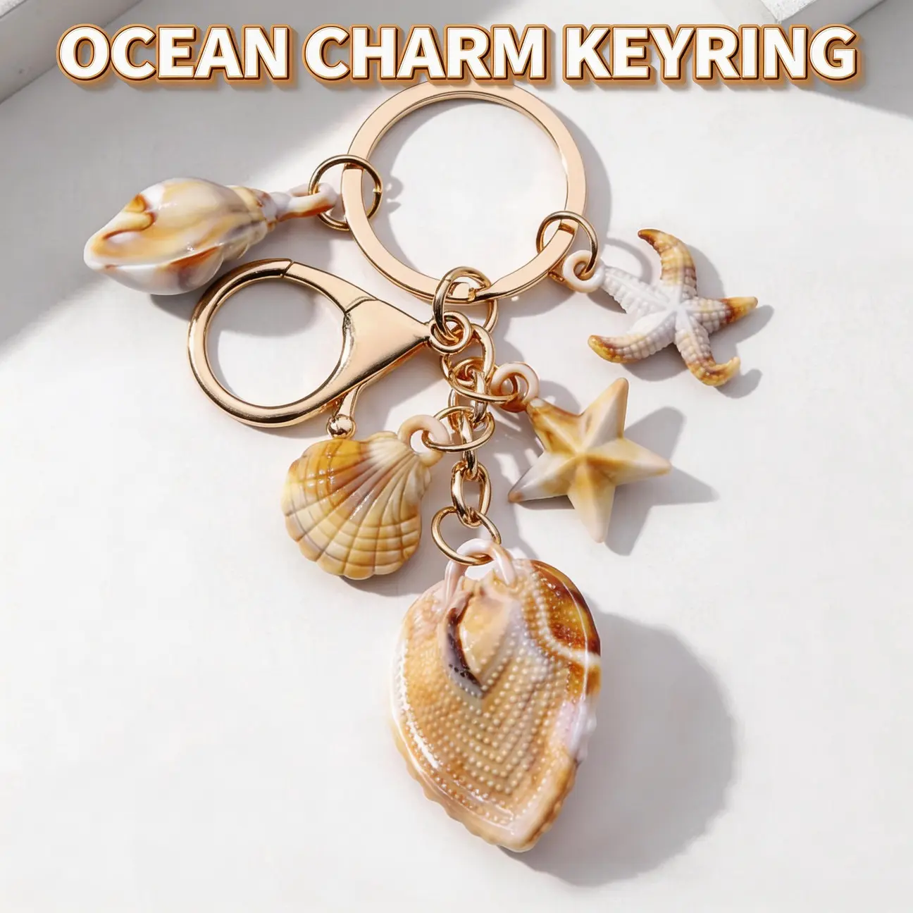 Women's Coastal Beach Bag Charm Keychain, Acrylic Shell & Starfish Ocean Charms, Lightweight Tarnish-Free Alloy, 3.7inch Length Birthday Holiday Accessory