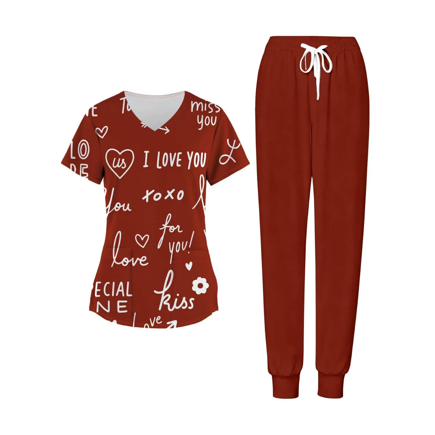 Plus-Size Women's Red Heart-Themed Two-Piece Set with V-Neck Top and Pants, Ideal for Valentine's Day