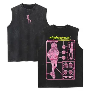 Cyberpunk: Edgerunners Washed Tank Top, Gym Essential, Vintage Casual Crewneck Short Sleeves Menswear T-shirts Classic Cotton Fabric Streetwear