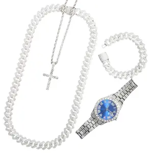 Luxury Hip Hop Men’s Watch & Jewelry Set – Stainless Steel Quartz Wristwatch, Iced Out Cuban Link Bracelet, Diamond Cross Pendant Necklace, 4PCS Fashion Gift Set for Men