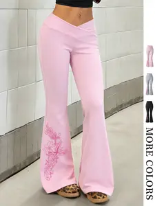 Y2K Cross-Waist Flared Pants, Trending on TikTok High-stretch, Fitted Graphic pants with pink totem prints, available in multiple colors. Perfect for homewear, retro looks — grab the hottest styles now!