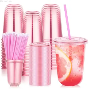 Pink Plastic Party Cups with Lids and Iced Coffee Cup with Bottom Drinking Cups for Birthday Wedding Valentine's Galentine's Bachelorette PartyC38tool que