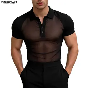 INCERUN Men's Sheer Mesh Polo Top - Menswear, Daring Fashion, Ideal for Miami Vibe, Vegas Evening Night Out Clubwear