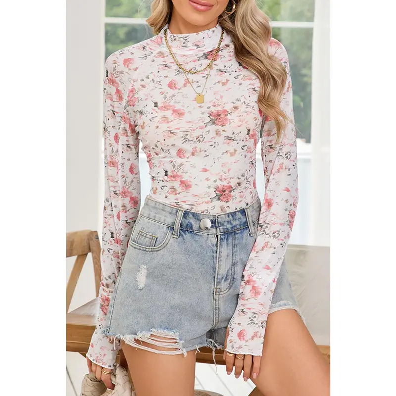 Pink Floral Print Mesh Mock Neck Slim Blouse