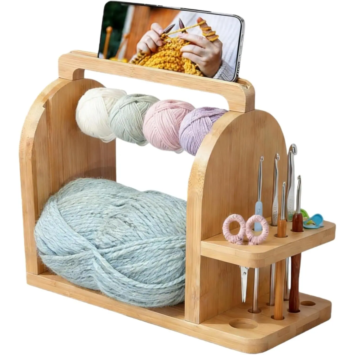 Wooden Yarn Holder with Phone Stand & Handy Tool Slot - Portable Yarn Spinner and Detachable Organizer Box for Crocheting, Knitting Projects and Yarn Storage